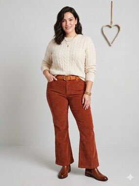 Kensie Rust Orange Brown High Rise Corduroy Flare Jeans Vtg 70s Inspo Retro Boho